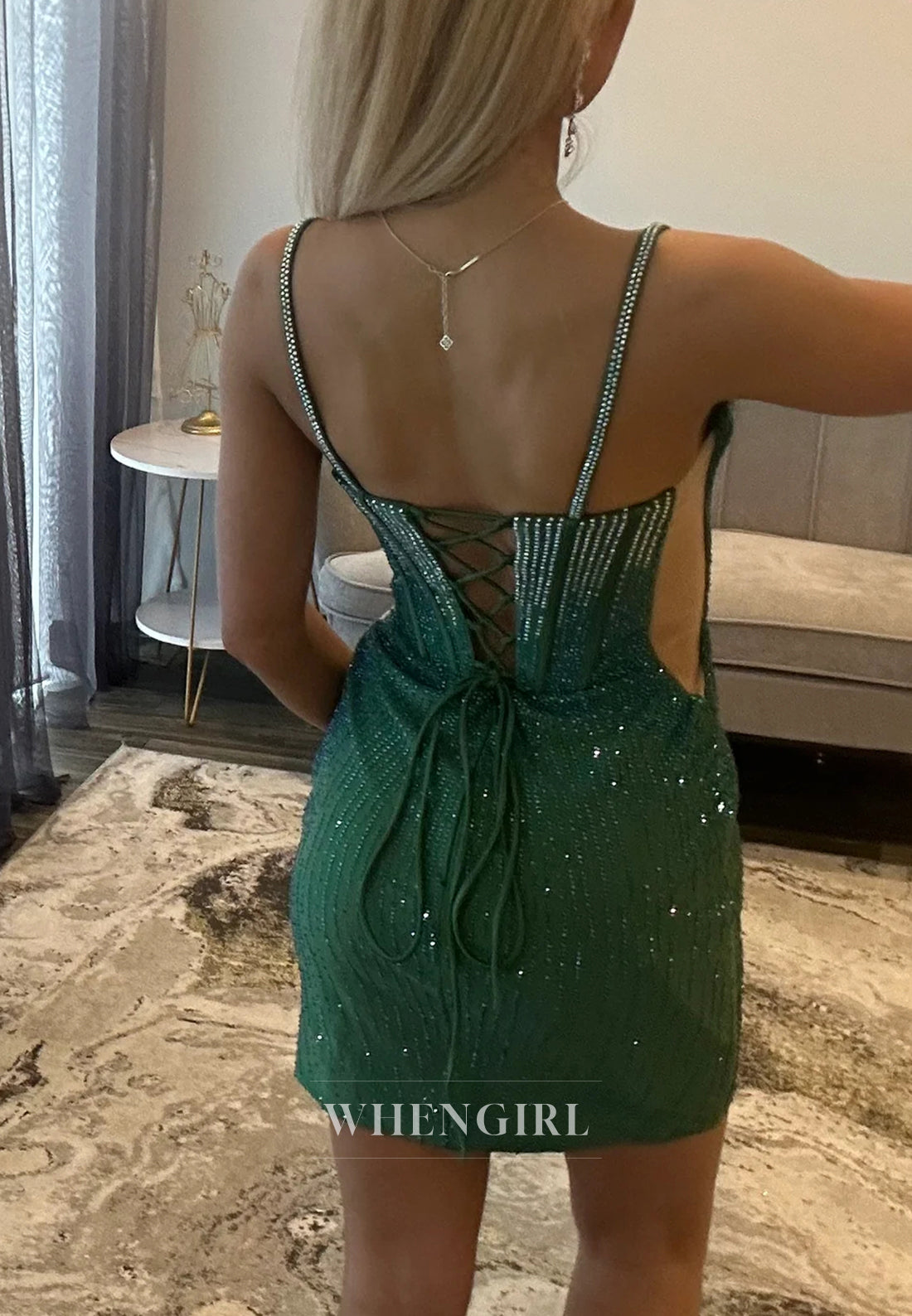 V Neck Beaded Sleeveless Sheath Short Lace Up Homecoming Dress