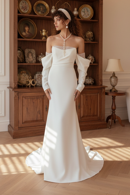 Off Shoulder Long Sleeves Beaded Trumoet Sweep Train Wedding Dress