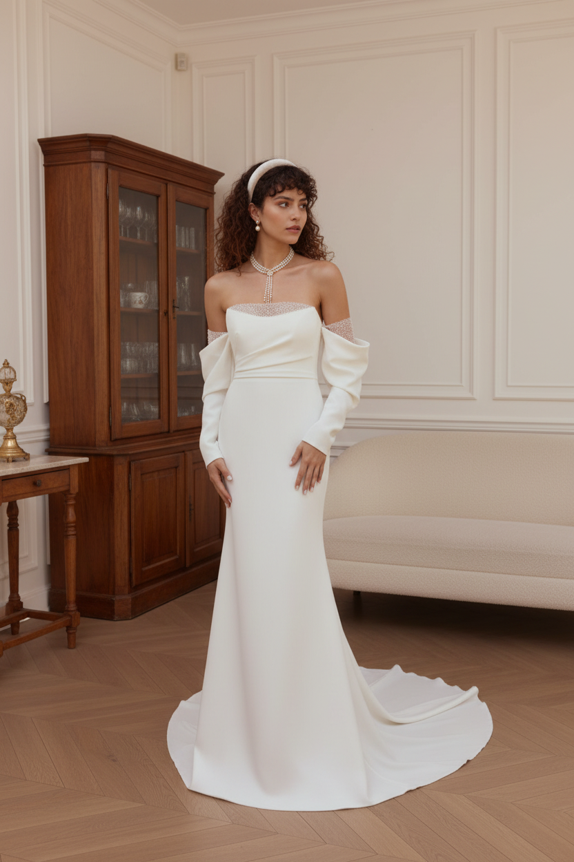 Off Shoulder Long Sleeves Beaded Trumoet Sweep Train Wedding Dress