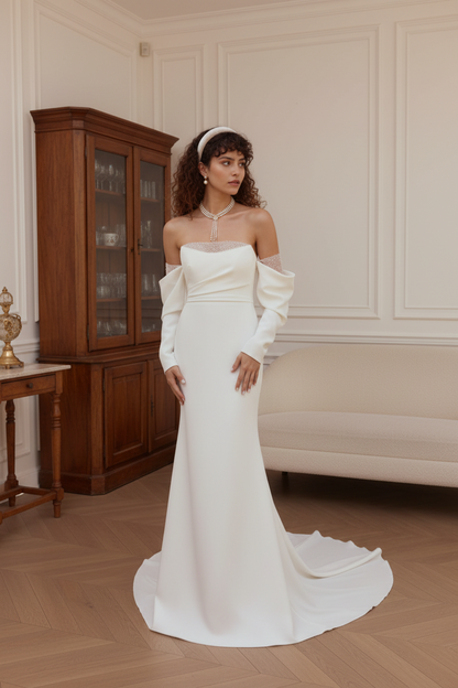 Off Shoulder Long Sleeves Beaded Trumoet Sweep Train Wedding Dress