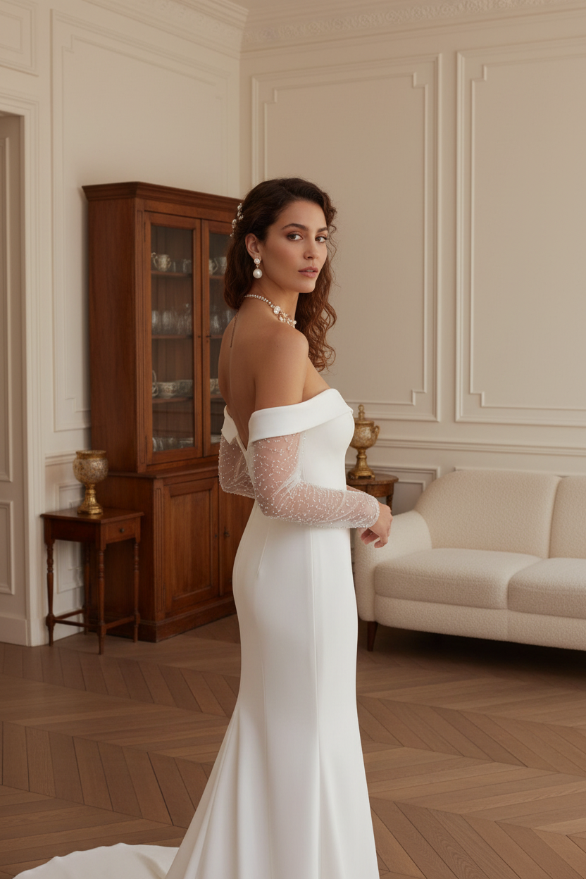 Off Shoulder Long Sleeves Beaded Trumoet Sweep Train Wedding Dress