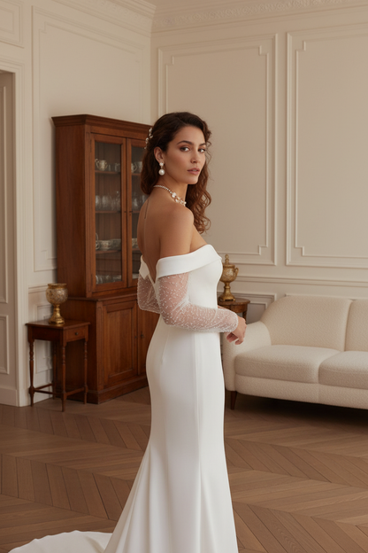 Off Shoulder Long Sleeves Beaded Trumoet Sweep Train Wedding Dress