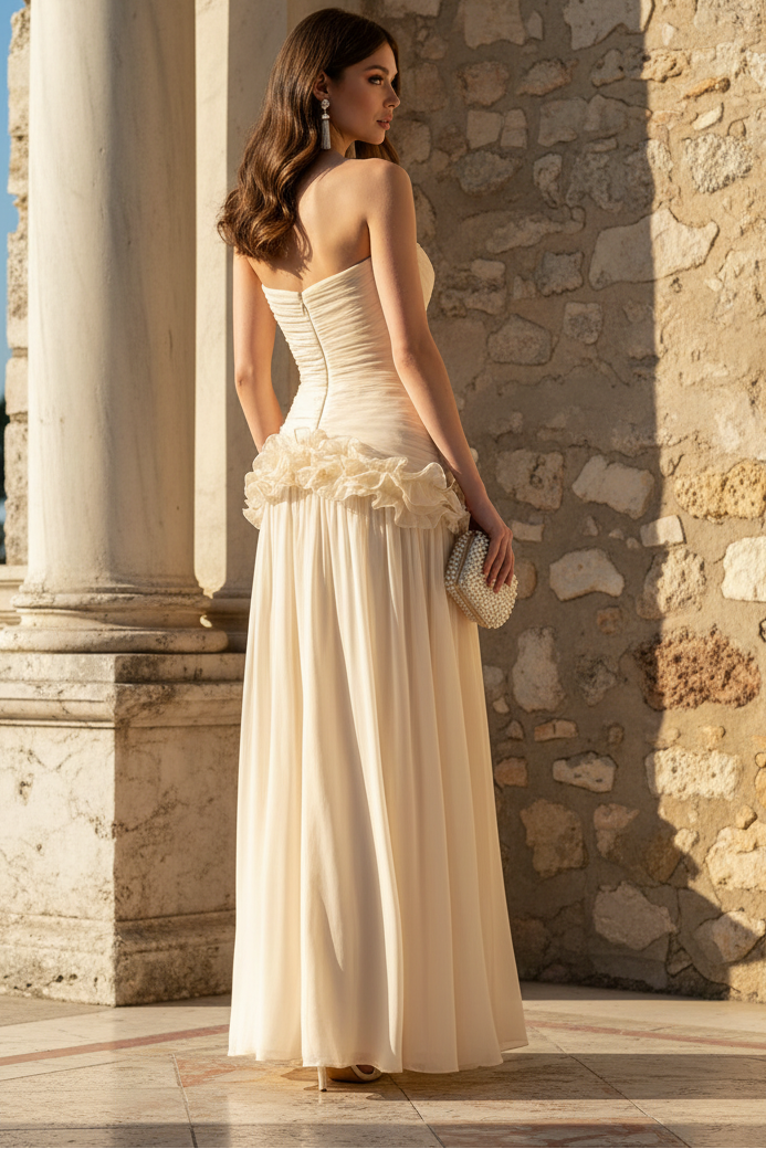 Column Tube Rop Ruched Ruffles Maxi Dress