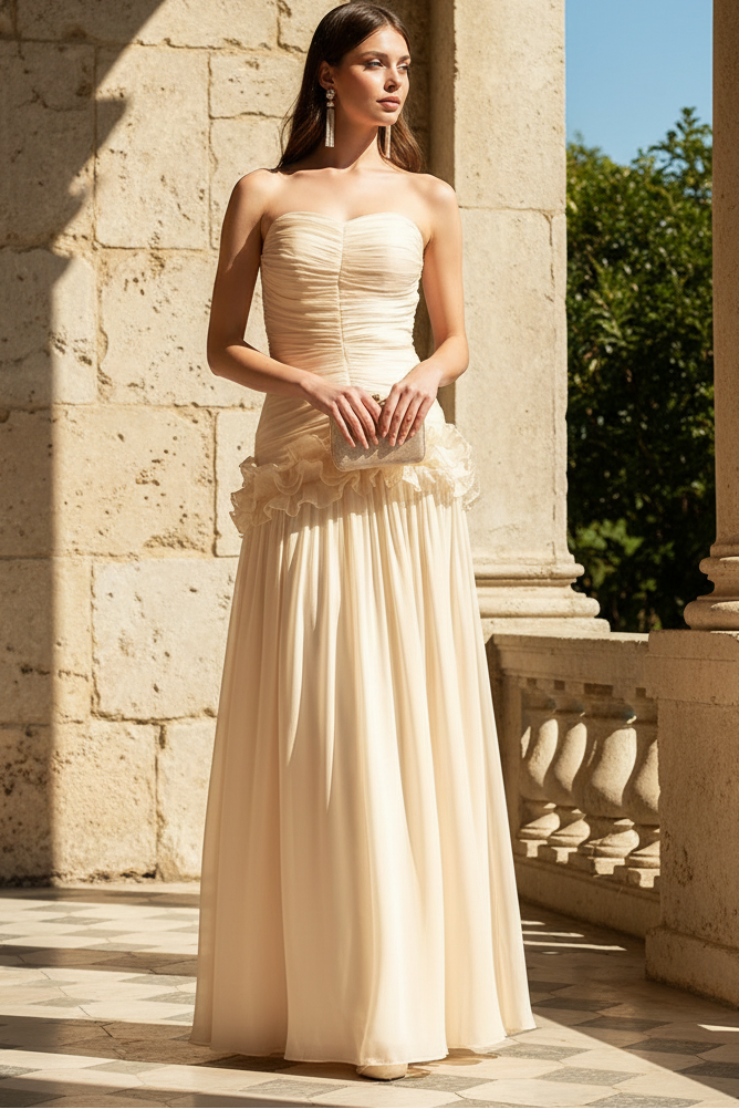 Column Tube Rop Ruched Ruffles Maxi Dress