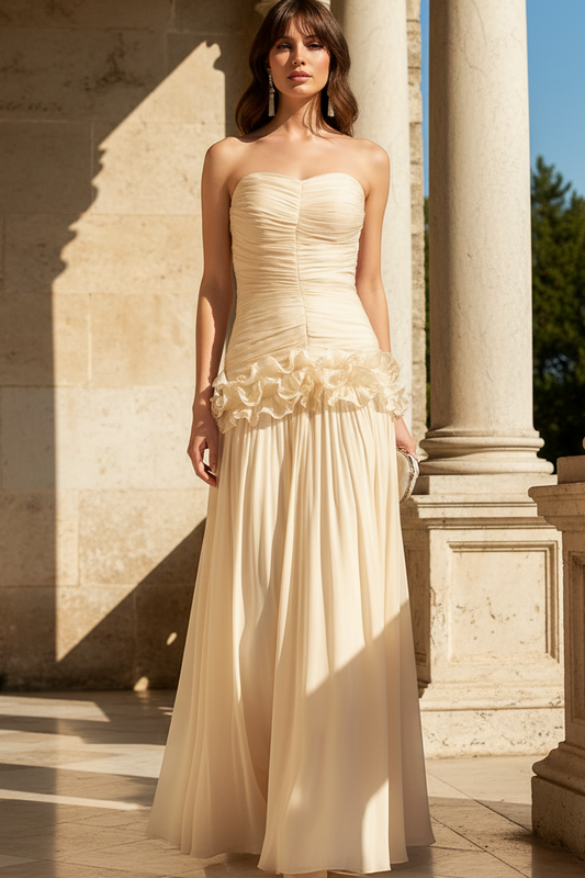 Column Tube Rop Ruched Ruffles Maxi Dress