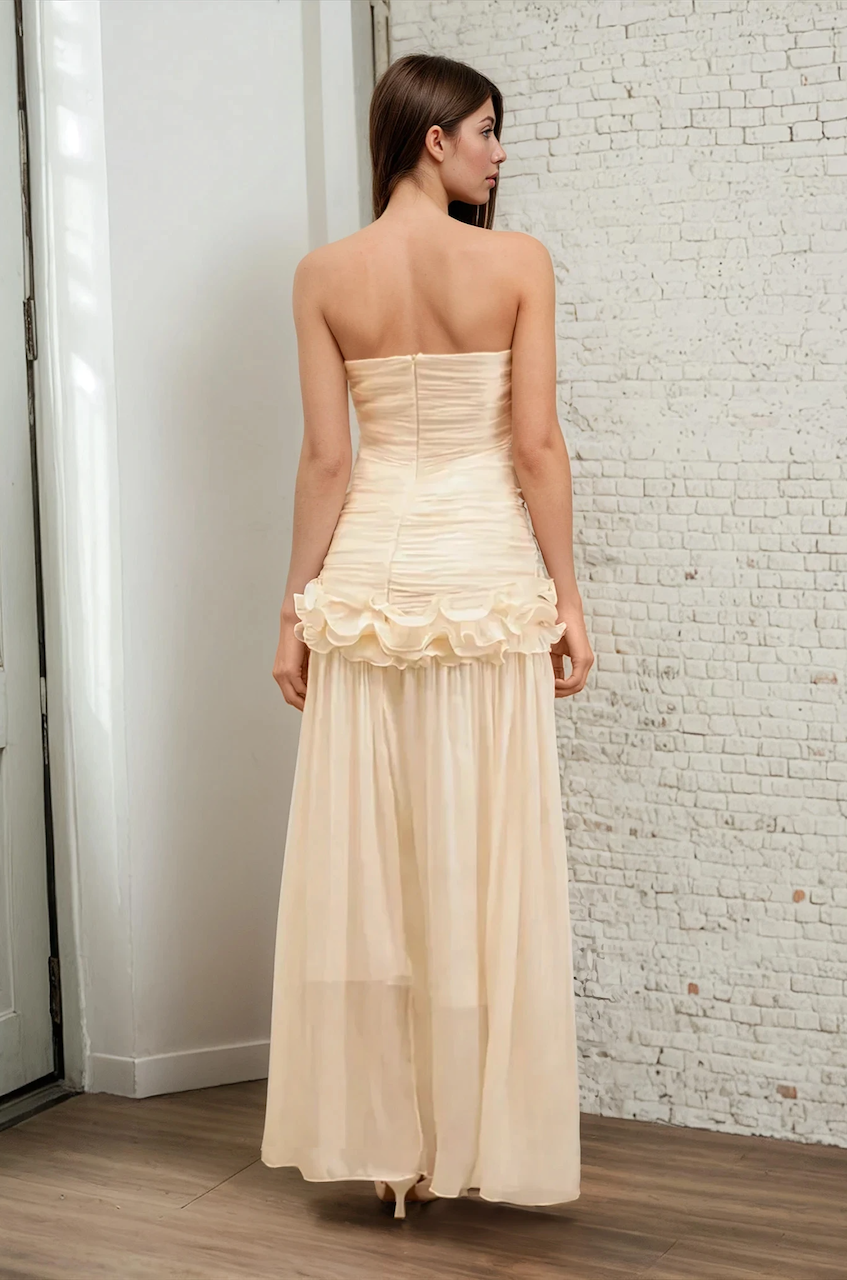 Column Tube Rop Ruched Ruffles Maxi Dress