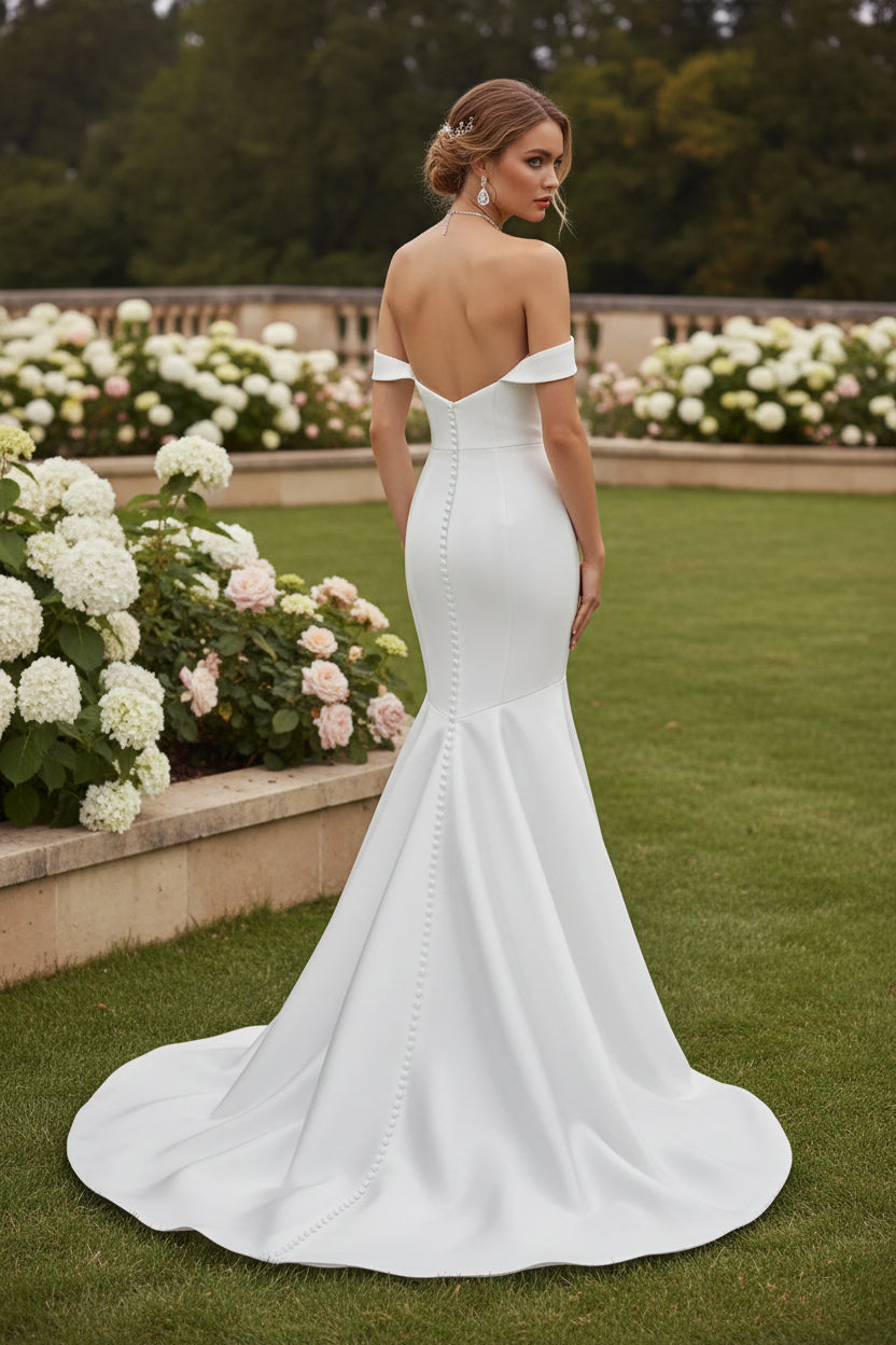 Sleek And Sophisticated Off-The-Shoulder Silk Fit-And-Flare Wedding Dress With Buttons