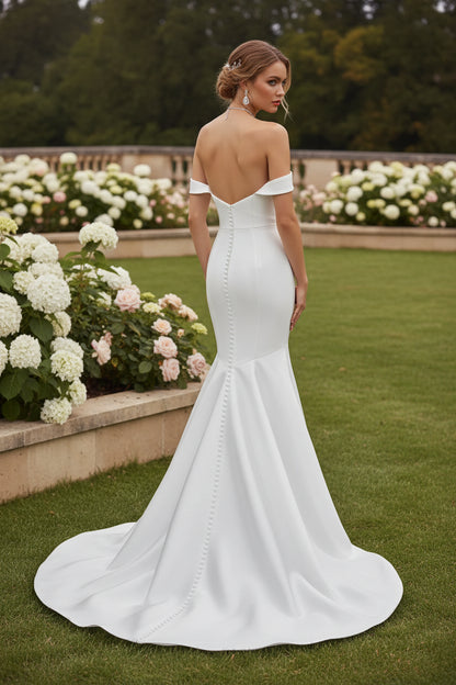 Sleek And Sophisticated Off-The-Shoulder Silk Fit-And-Flare Wedding Dress With Buttons