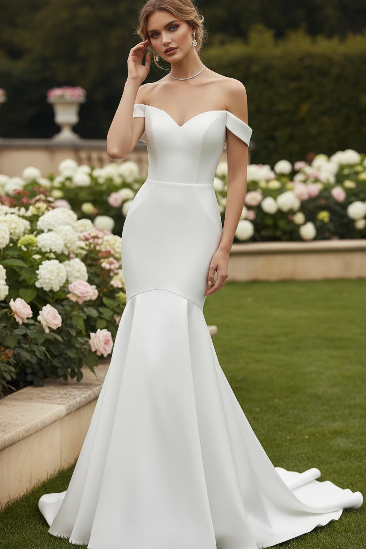 Sleek And Sophisticated Off-The-Shoulder Silk Fit-And-Flare Wedding Dress With Buttons