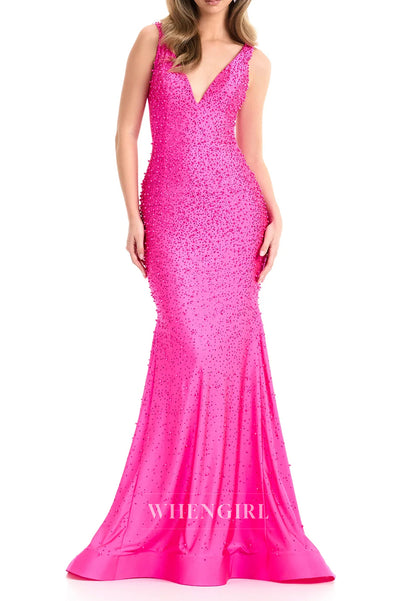 Mermaid Pearls Beading V Neck Sleeveless Regular Straps Prom Dress