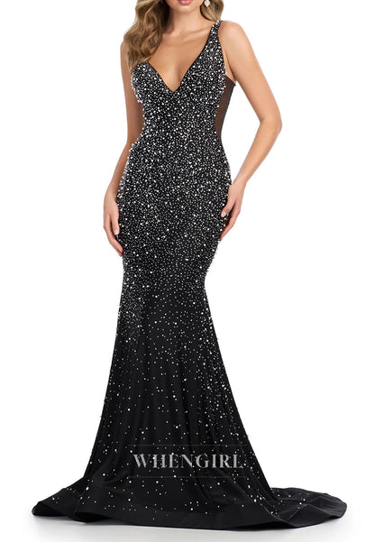 Mermaid Pearls Beading V Neck Sleeveless Regular Straps Prom Dress