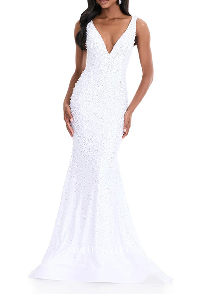 Mermaid Pearls Beading V Neck Sleeveless Regular Straps Prom Dress