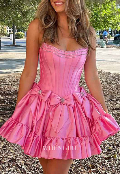 A-Line Sleeveless Beads Strapless Bowknot Homecoming Dress
