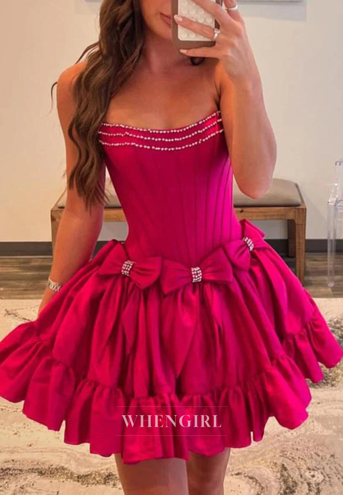 A-Line Sleeveless Beads Strapless Bowknot Homecoming Dress