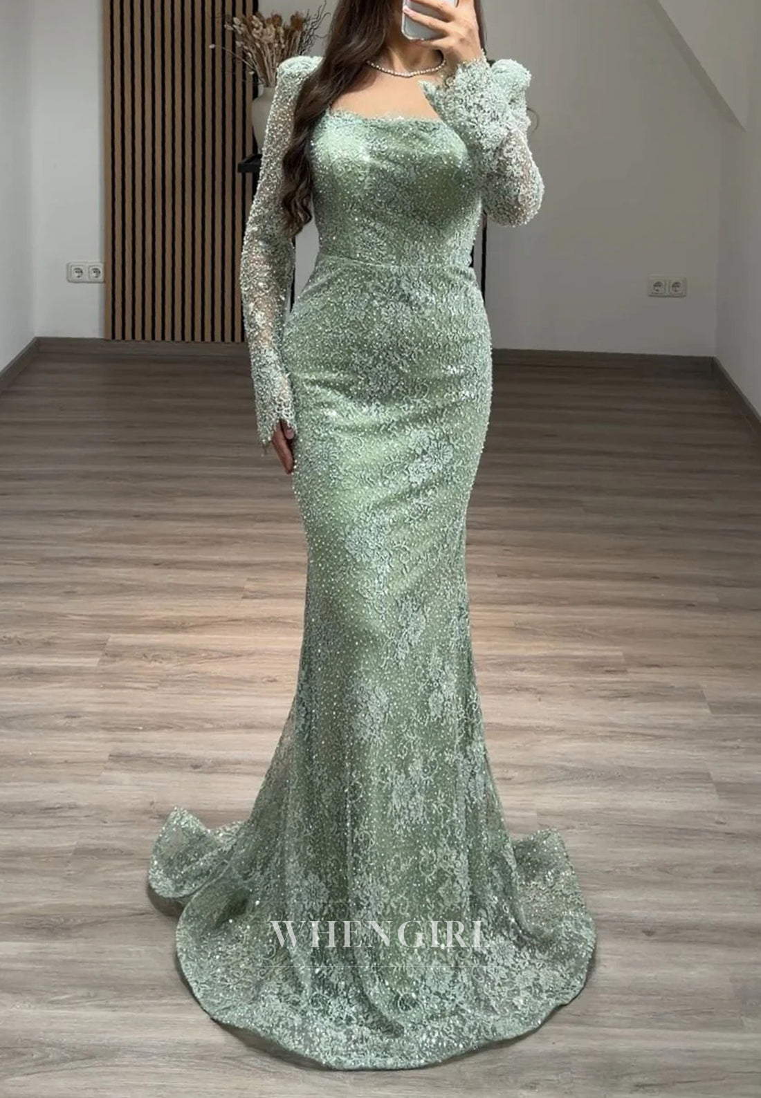 Mermaid Beaded Square Neck Long Sleeves Beaded Lace Evening Formal Dress