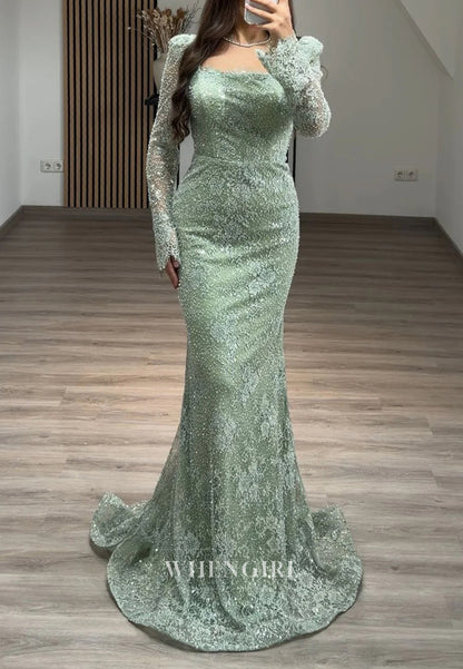 Mermaid Beaded Square Neck Long Sleeves Beaded Lace Evening Formal Dress