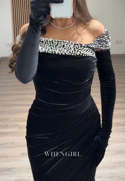 Mermaid Velvet Long Sleeves Beaded Asymmetrical Neck Evening Formal Dress