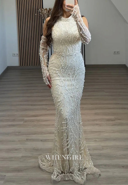 Mermaid Halter Beaded Back Zipper Sweep Train Formal Evening Dress with Gloves