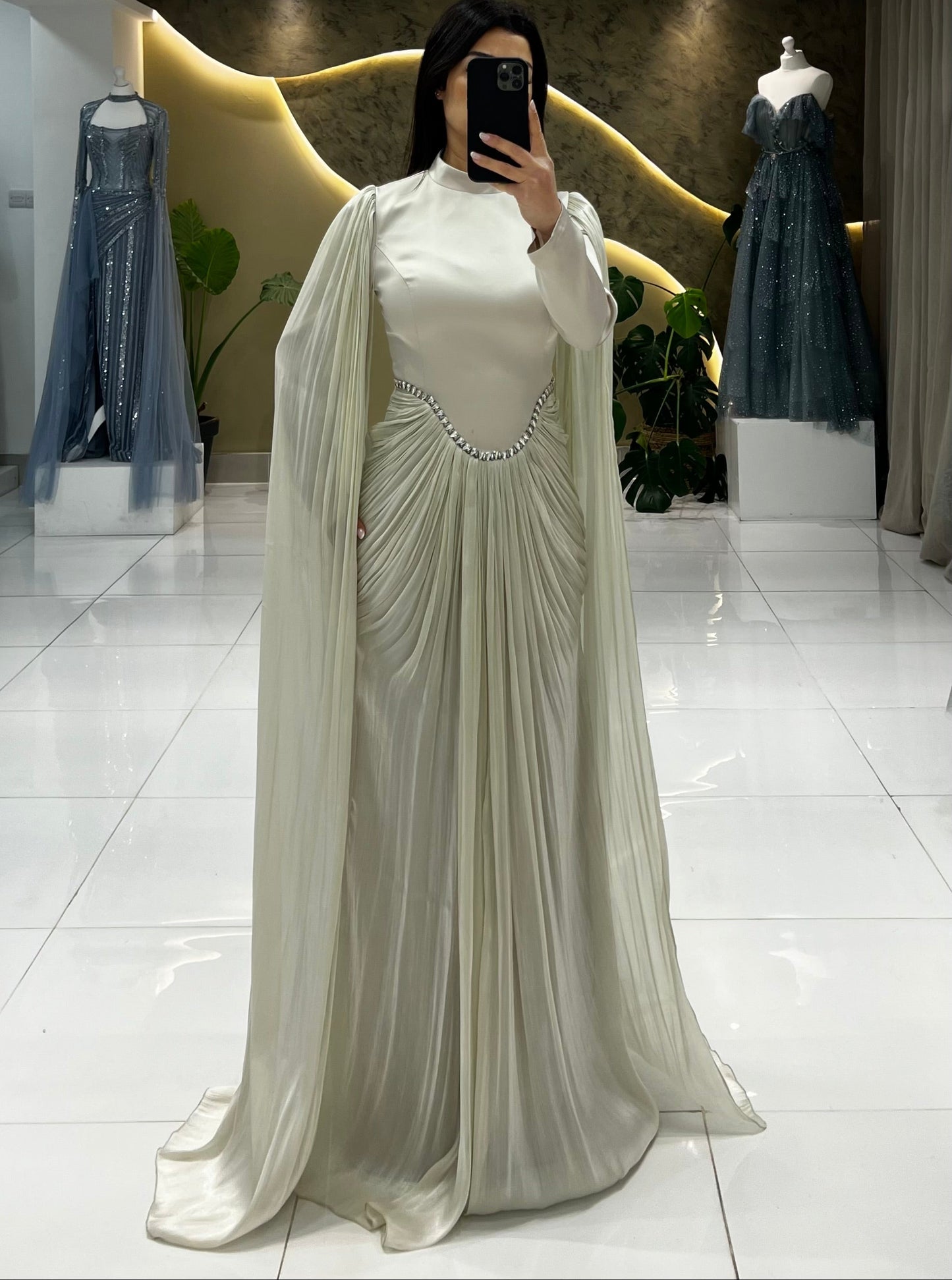 Beige High Neck Long Sleeves Ruched Beading Formal Evening Dress