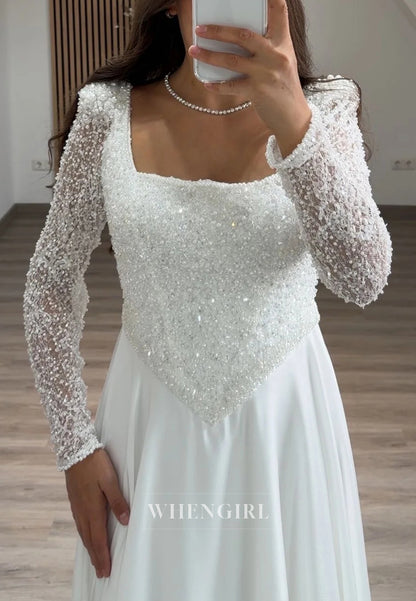 A-Line Beaded Square Neck Long Sleeves Long Formal Evening Dress