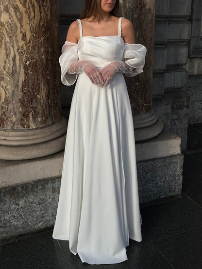 A-Line Suqare Neck Floor Length Ruched Wedding Dress with Gloves