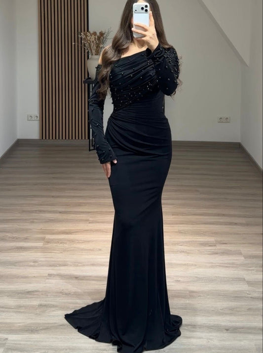 Black One Shoulder Long Sleeves Beaded Sheath Evening Formal Gown