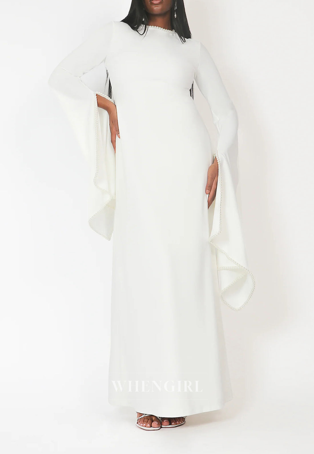 Sheath Beateau Neck Floor Length Formal Dress Long Sleeves Beaded Pearls Evening Gown