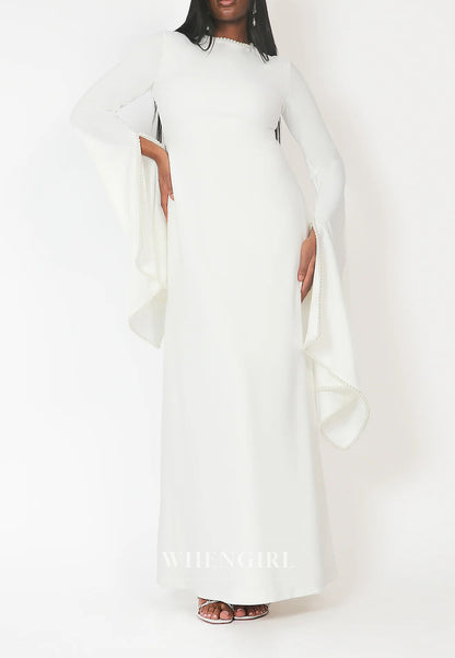 Sheath Beateau Neck Floor Length Formal Dress Long Sleeves Beaded Pearls Evening Gown