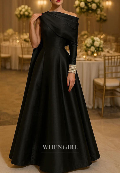 A-Line One Shoulder Long Sleeves Satin Mother of the Bride Dress