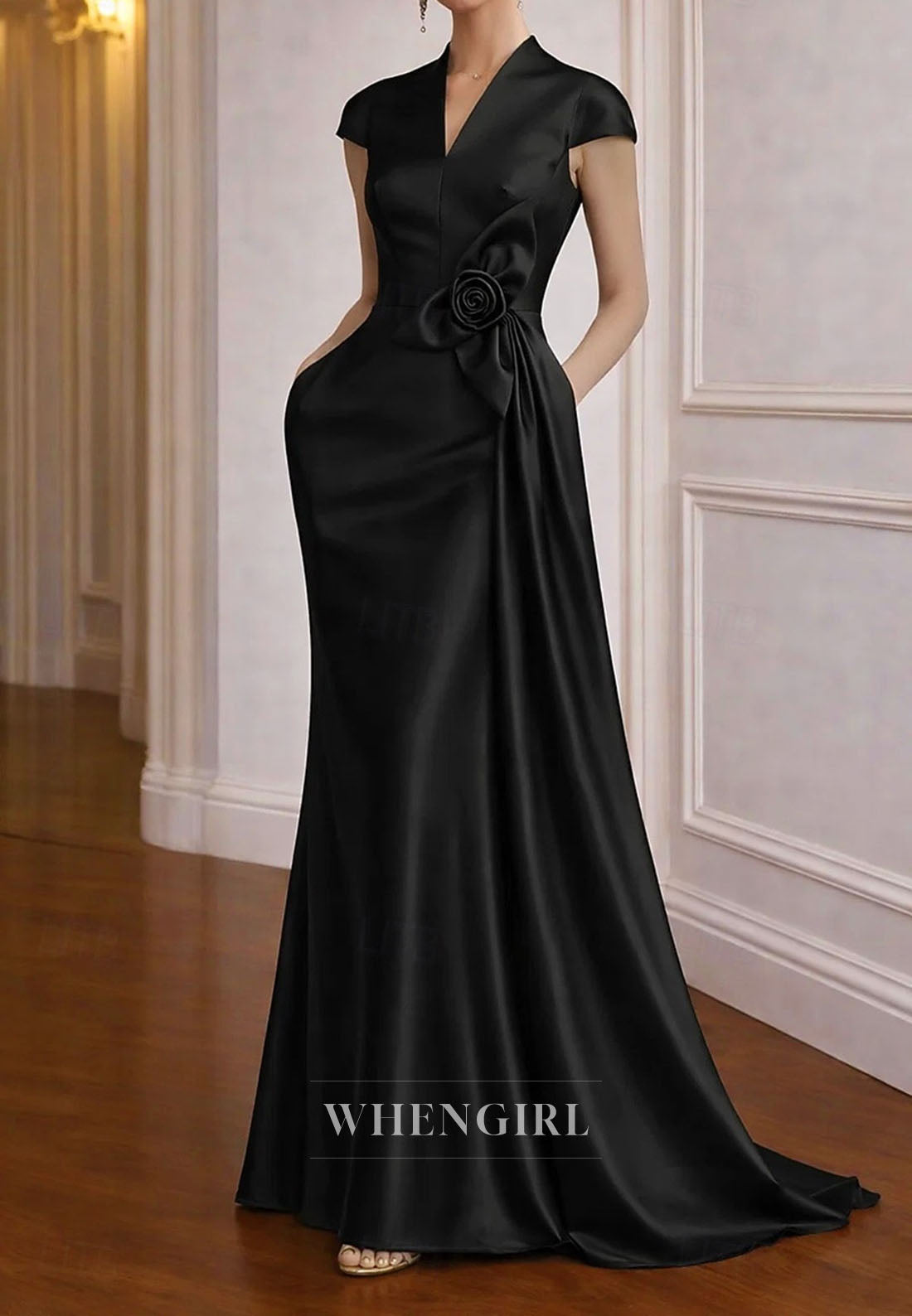 V Neck Cap Sleeves Flowers Trumpet Mother of the Bride Dress