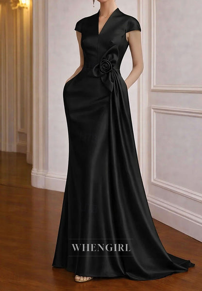 V Neck Cap Sleeves Flowers Trumpet Mother of the Bride Dress