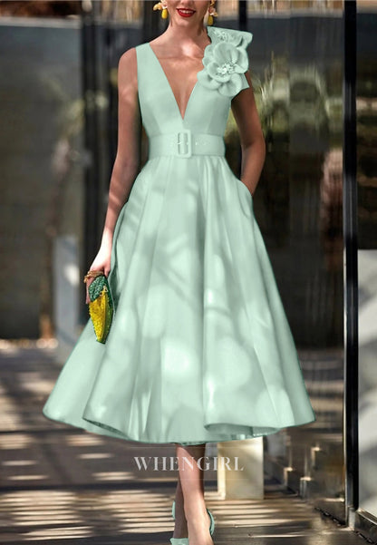 A-Line V Neck Flowers Sleeveless Mother of the Bride Dress