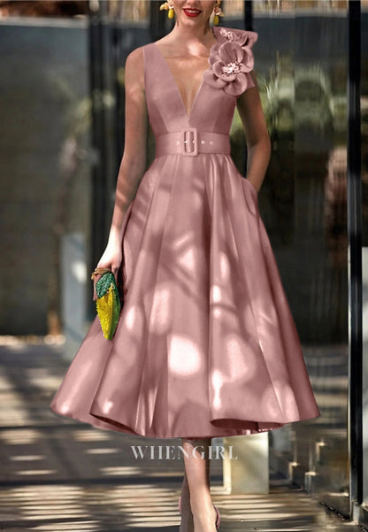 A-Line V Neck Flowers Sleeveless Mother of the Bride Dress