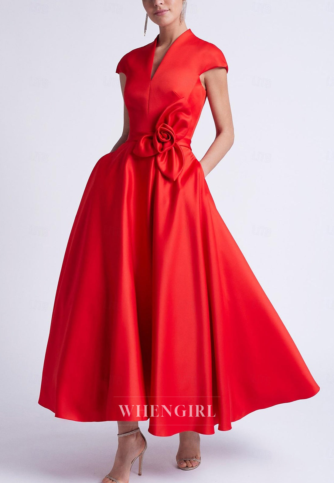 A-Line Flower Cap Sleeves V Neck Back Zipper Mother of the Bride Dress