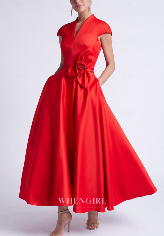 A-Line Flower Cap Sleeves V Neck Back Zipper Mother of the Bride Dress