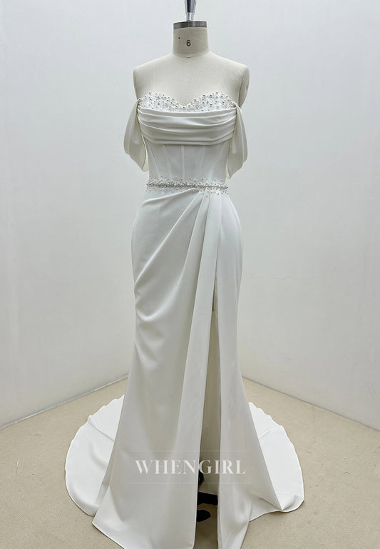 Mermaid Sweep Train Sweetheart Pearls Beaded Pleated Back Zipper Wedding Dress