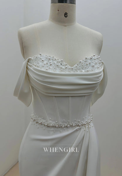 Mermaid Sweep Train Sweetheart Pearls Beaded Pleated Back Zipper Wedding Dress