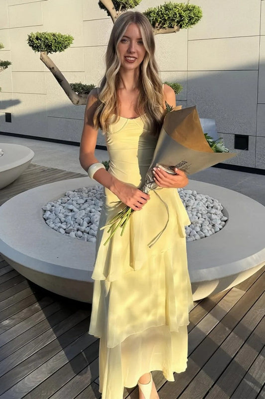 Beautiful A Line Spaghetti Straps Yellow Long Prom Dress with Ruffles