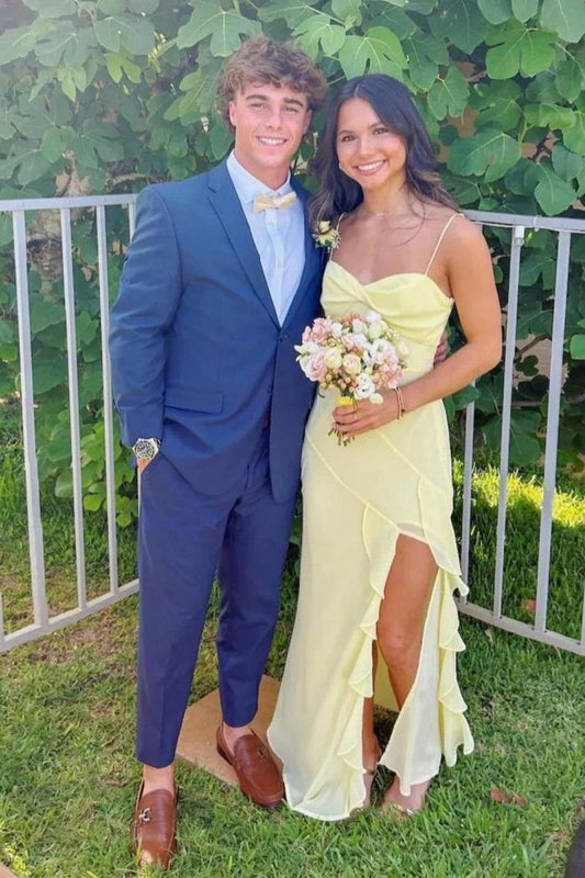 Pretty A Line Spaghetti Straps Yellow Long Prom Dress with Ruffles