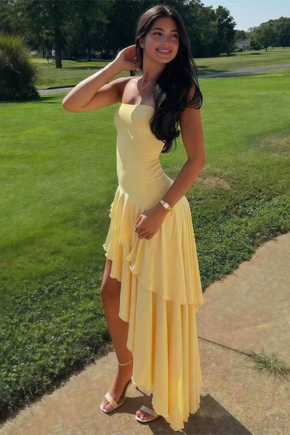 Beautiful A Line Strapless Long Prom Dress with Ruffles