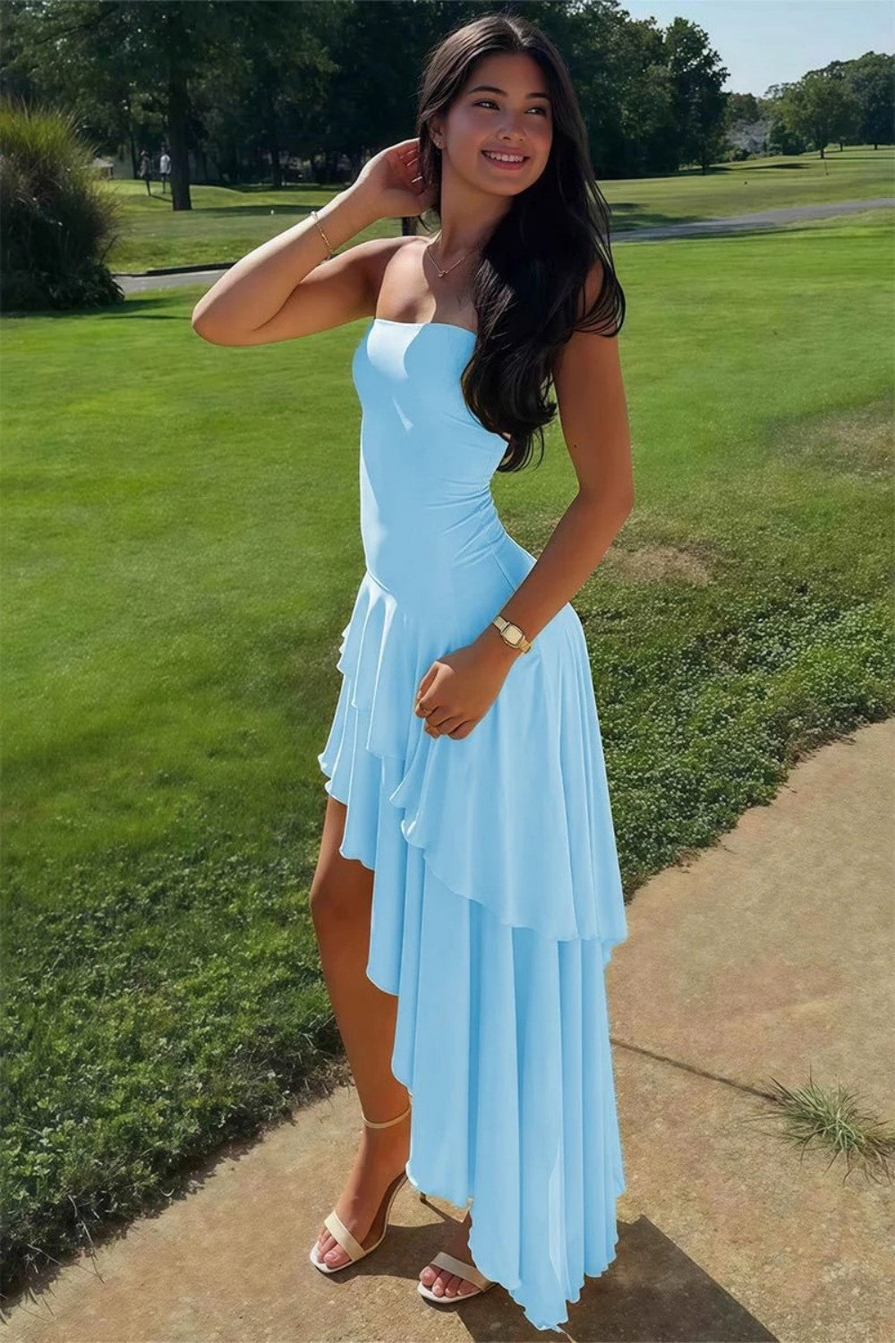 Beautiful A Line Strapless Long Prom Dress with Ruffles
