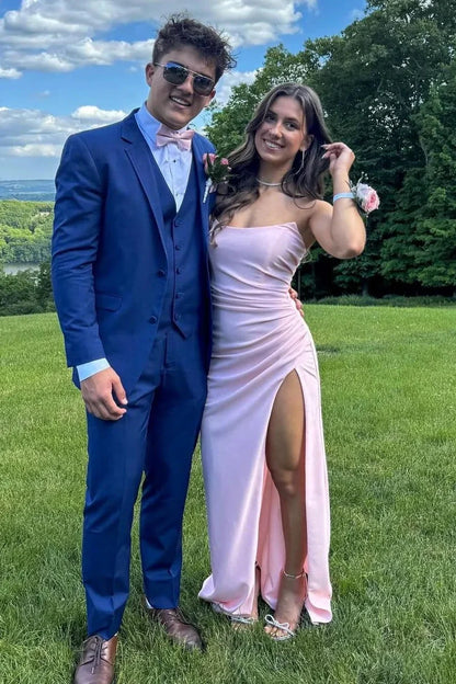 Beautiful Mermaid Strapless Pink Long Prom Dress with Split Front