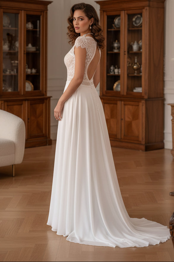 Boho lace Classic Simple Sleeveless V Neckline A-line Chiffon Wedding Dress