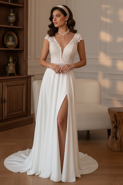 Boho lace Classic Simple Sleeveless V Neckline A-line Chiffon Wedding Dress