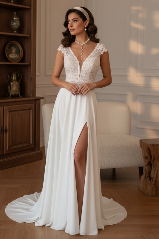 Boho lace Classic Simple Sleeveless V Neckline A-line Chiffon Wedding Dress