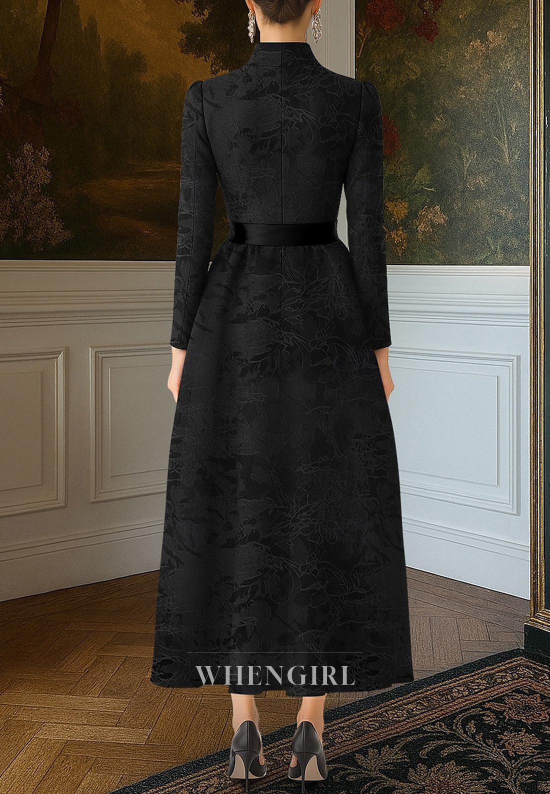 Black V Neck Long Sleeves Bowknot Ankle Length A-Line Mother of the Bride Dress