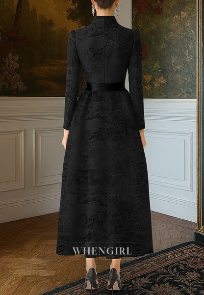 Black V Neck Long Sleeves Bowknot Ankle Length A-Line Mother of the Bride Dress