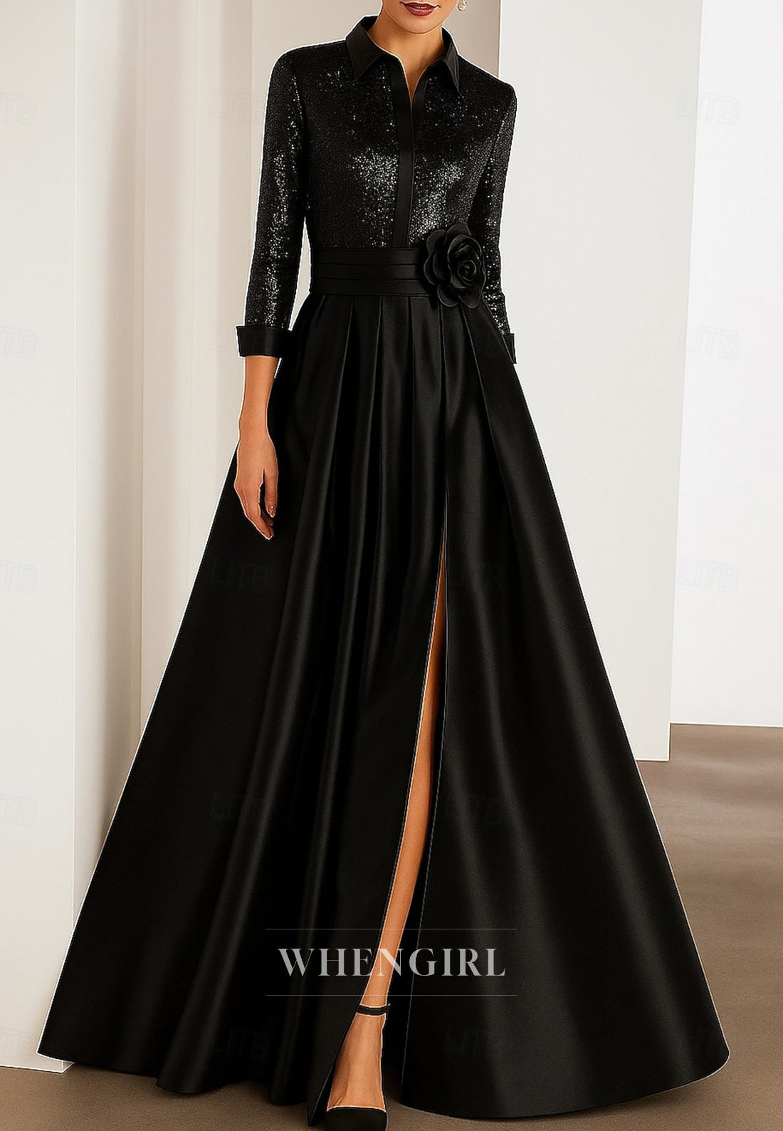 A-Line 3/4 Sleeveless Side Slit Pleats Flower Long Mother of the Bride Dress