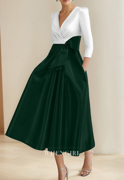 A-Line Pleated V Neck 3/4 Sleeves Tea Length Mother of the Bride Dress