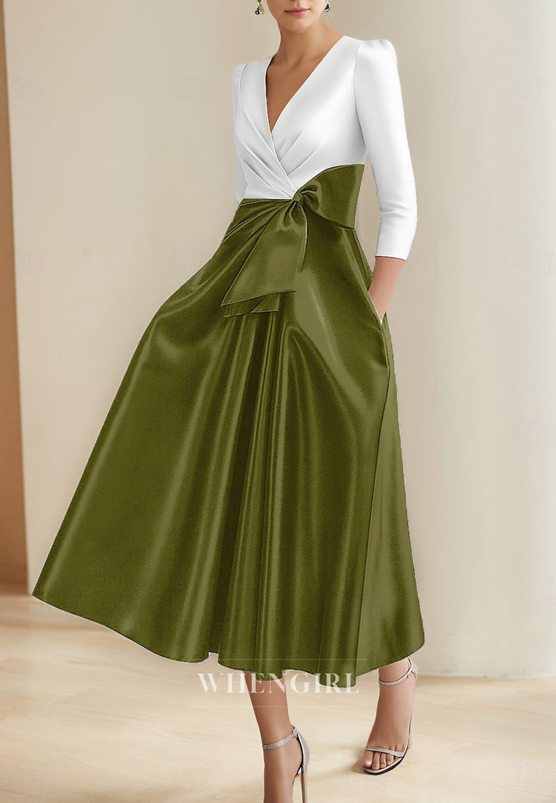 A-Line Pleated V Neck 3/4 Sleeves Tea Length Mother of the Bride Dress